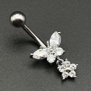 316L Stainless Steel with Diamond Cubic Zirconia Flower and Butterfly Belly Ring
